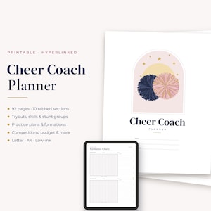 Op de afbeelding: Een digitale en printbare Cheer Coach Planner met 92 pagina's en 10 tabbladen. De omslag toont een boogafbeelding met twee pompons en sterren. De tekst luidt Cheer Coach Planner, Tryouts, skills & stunt groups, Practice plans & formations, Competitions, budget & more, Letter, A4, Low-ink.