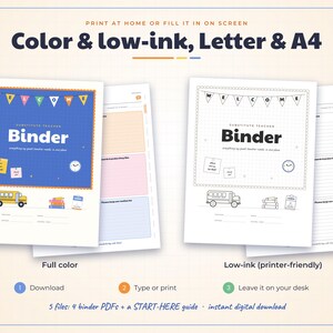 May include: A digital substitute teacher binder template featuring a blue color version and a black and white low-ink version. Both designs include a welcome banner, school bus, books, and text reading Substitute Teacher Binder.