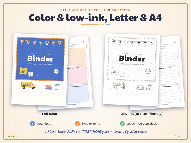 May include: A digital substitute teacher binder template featuring a blue color version and a black and white low-ink version. Both designs include a welcome banner, school bus, books, and text reading Substitute Teacher Binder.