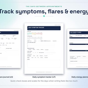 May include: A set of printable health tracking sheets including a Flare Journal, Daily Symptom Tracker, and Daily Energy Planner. The documents feature dark blue headers, white backgrounds, and structured sections for recording daily health data.