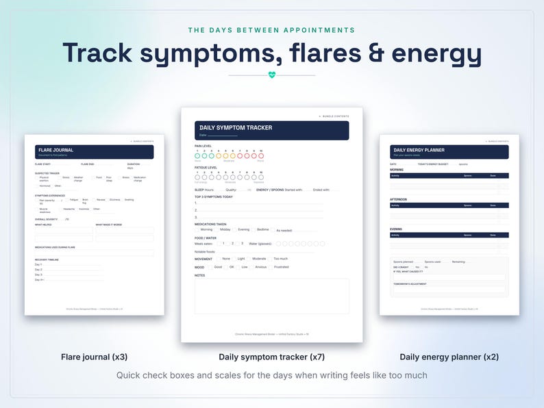 May include: A set of printable health tracking sheets including a Flare Journal, Daily Symptom Tracker, and Daily Energy Planner. The documents feature dark blue headers, white backgrounds, and structured sections for recording daily health data.