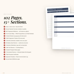 May include: A white document with the text "Belt Progression Tracker - Youth Students" is displayed. The image also shows a list of included items, such as calendars, planners, and trackers, with the text "102 Pages. 15+ Sections."