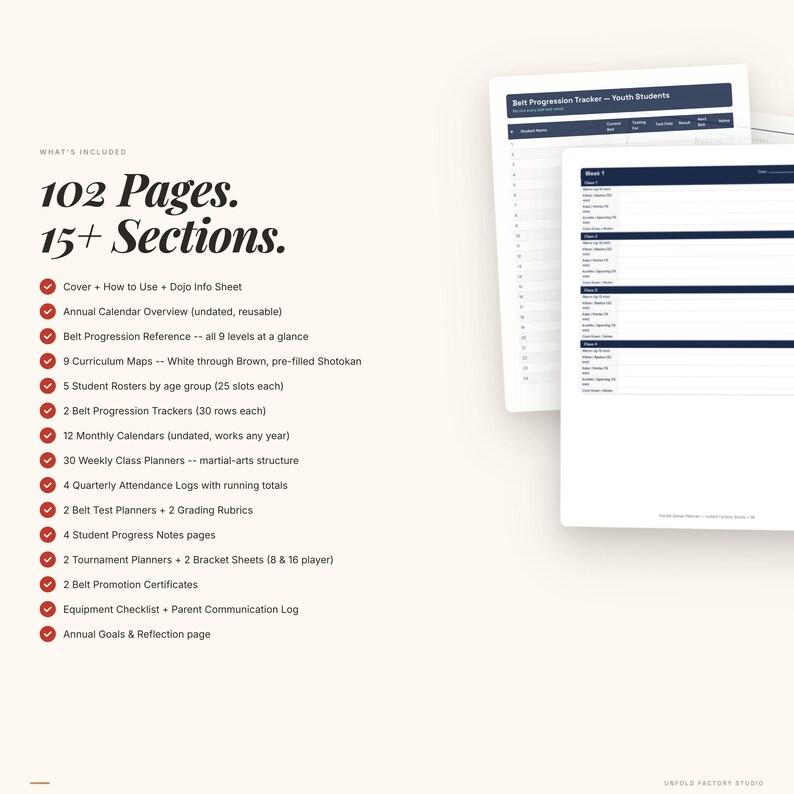May include: A white document with the text "Belt Progression Tracker - Youth Students" is displayed. The image also shows a list of included items, such as calendars, planners, and trackers, with the text "102 Pages. 15+ Sections."