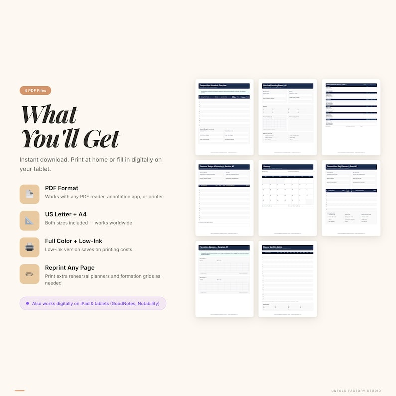Op de afbeelding: Een digitale downloadafbeelding met de tekst "Wat je krijgt" en verschillende PDF-plannerpagina's. De afbeelding benadrukt PDF-formaat, US Letter- en A4-formaten, full colour- en low-ink-opties en herdrukfunctionaliteit.