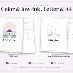 May include: A digital caregiver binder planner set featuring a full-color version and a low-ink printer-friendly version. Each page displays a house illustration within an arch, the text Caregiver Binder for Aging Parents, and sections for daily logs.