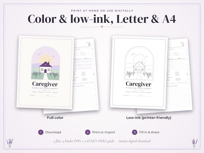 May include: A digital caregiver binder planner set featuring a full-color version and a low-ink printer-friendly version. Each page displays a house illustration within an arch, the text Caregiver Binder for Aging Parents, and sections for daily logs.