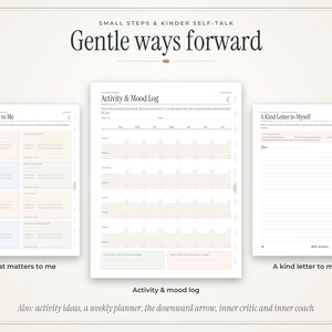 May include: Three digital planner pages titled Small Steps & Kinder Self-Talk, Gentle ways forward, What Matters to Me, Activity & Mood Log, and A Kind Letter to Myself. The pages feature pastel-colored sections, checkboxes, and lined writing areas.