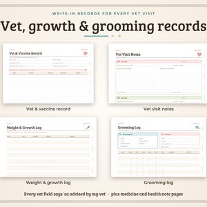 May include: A digital planner set for pet health featuring four templates: Vet & Vaccine Record, Vet Visit Notes, Weight & Growth Log, and Grooming Log. Each page includes organised fields for tracking medical history, growth, and care.