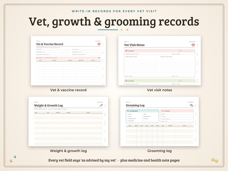 May include: A digital planner set for pet health featuring four templates: Vet & Vaccine Record, Vet Visit Notes, Weight & Growth Log, and Grooming Log. Each page includes organised fields for tracking medical history, growth, and care.