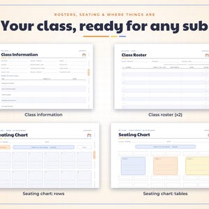 May include: A digital planner set titled Your class, ready for any sub, featuring four templates: Class Information, Class Roster, Seating Chart with rows, and Seating Chart with tables. Each page includes organized fields for classroom data.