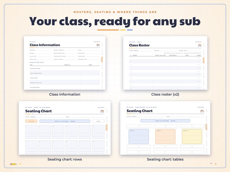 May include: A digital planner set titled Your class, ready for any sub, featuring four templates: Class Information, Class Roster, Seating Chart with rows, and Seating Chart with tables. Each page includes organized fields for classroom data.