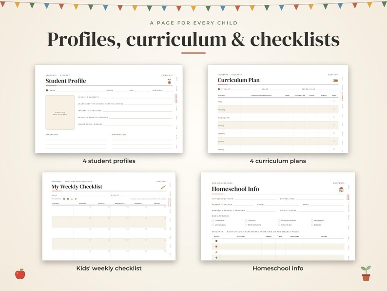 May include: A digital planner set titled A PAGE FOR EVERY CHILD Profiles, curriculum & checklists. It includes four templates: Student Profile, Curriculum Plan, My Weekly Checklist, and Homeschool Info, featuring white backgrounds with black text.