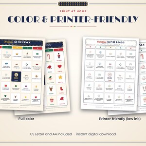 May include: Two sets of Christmas Movie Bingo cards. One set features full-color graphics and text, while the other is a printer-friendly version with outlines. Both include a grid with icons and text like 'A new stranger who seems a bit magical'.