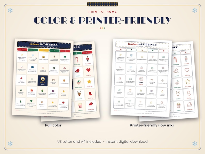 May include: Two sets of Christmas Movie Bingo cards. One set features full-color graphics and text, while the other is a printer-friendly version with outlines. Both include a grid with icons and text like 'A new stranger who seems a bit magical'.