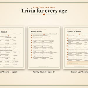 May include: A Thanksgiving trivia game set featuring three printed sheets titled Kids' Round, Family Round, and Grown-Ups' Round. The cream-colored pages include multiple-choice questions with checkboxes, decorative autumn icons like pumpkins and acorns, and a border.