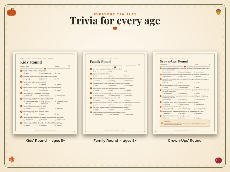 May include: A Thanksgiving trivia game set featuring three printed sheets titled Kids' Round, Family Round, and Grown-Ups' Round. The cream-colored pages include multiple-choice questions with checkboxes, decorative autumn icons like pumpkins and acorns, and a border.