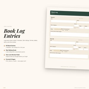 以下が含まれることがあります： クリーム色のブックログで、濃い緑色のヘッダーが付いています。「Book Log Entries」というテキストが、太字でエレガントなフォントで表示されています。 64件のエントリー、星評価スケール、1行レビューフィールドなどの機能があります。