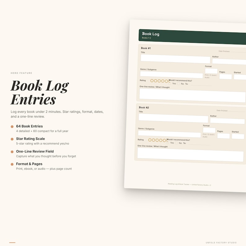 以下が含まれることがあります： クリーム色のブックログで、濃い緑色のヘッダーが付いています。「Book Log Entries」というテキストが、太字でエレガントなフォントで表示されています。 64件のエントリー、星評価スケール、1行レビューフィールドなどの機能があります。