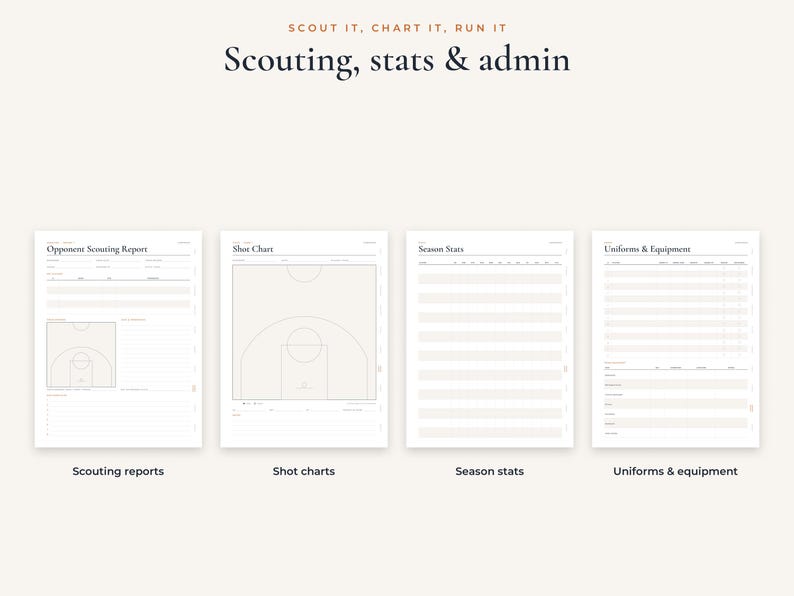 Op de afbeelding: Een set van vier digitale planningspagina's getiteld Scouting, stats & admin. De pagina's bevatten een tegenstander scoutingrapport met een basketbalveld-diagram, schotdiagrammen, seizoensstatistieken en een inventarislijst voor uniformen en uitrusting.