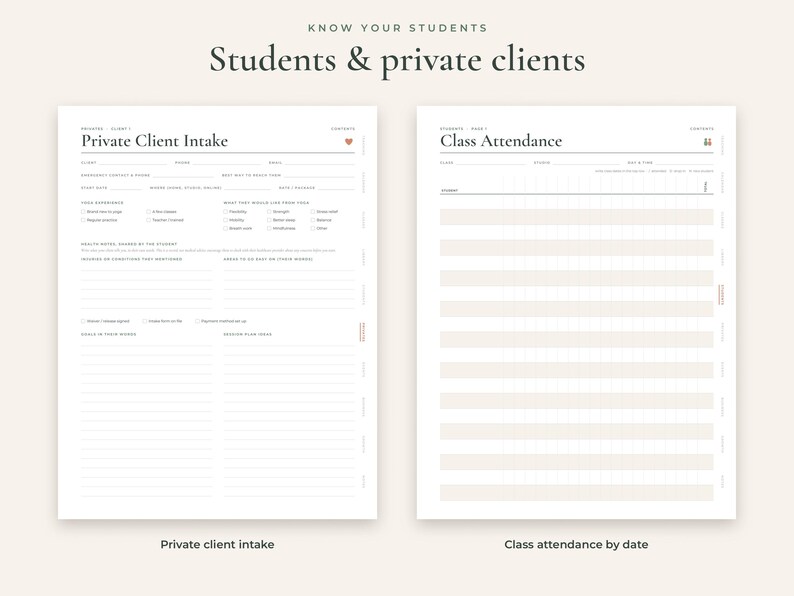 May include: Two white digital planner pages titled Know Your Students, Students & private clients. The left page is a Private Client Intake form with fields for client details, experience, and health notes. The right page is a Class Attendance log.