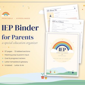 Peut inclure: Un classeur IEP imprimable pour parents avec un arc-en-ciel, des nuages et des petites plantes en pot. Le document inclut des pages intitulées All About Me et IEP at a Glance, avec des détails sur 57 pages et 13 sections à onglets.
