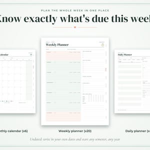 May include: A set of digital planner pages including a monthly calendar, a weekly planner, and a daily planner. The text reads: Plan the whole week in one place, Know exactly what's due this week, Monthly calendar (x6), Weekly planner (x20), Daily planner (x4), Undated: write in your own dates and start any semester, any year.