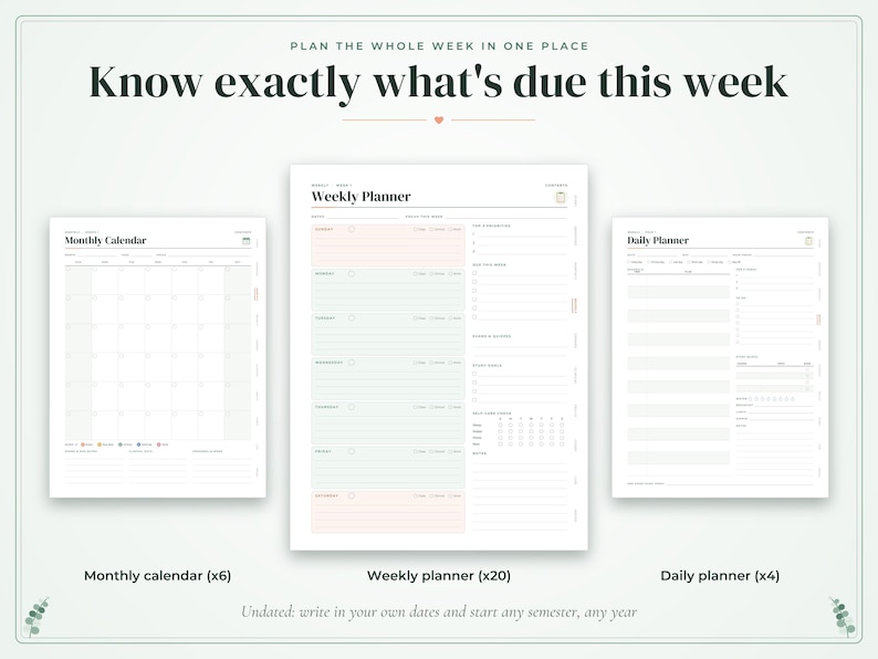 May include: A set of digital planner pages including a monthly calendar, a weekly planner, and a daily planner. The text reads: Plan the whole week in one place, Know exactly what's due this week, Monthly calendar (x6), Weekly planner (x20), Daily planner (x4), Undated: write in your own dates and start any semester, any year.