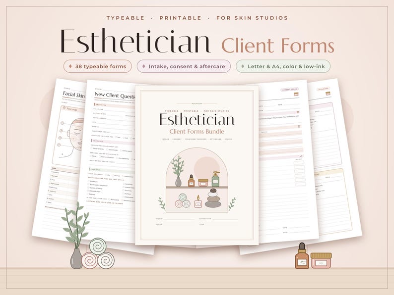Esthetician Client Forms Bundle, Fillable Skin Care Intake Consent Form, Facial Treatment Record PDF image 1