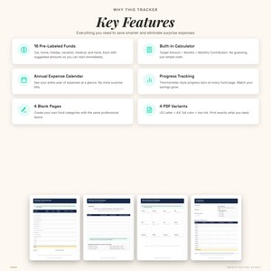 May include: A white graphic with the text "Key Features" and descriptions of a financial tracker. Features include pre-labeled funds, a built-in calculator, an annual expense calendar, progress tracking, blank pages, and PDF variants.