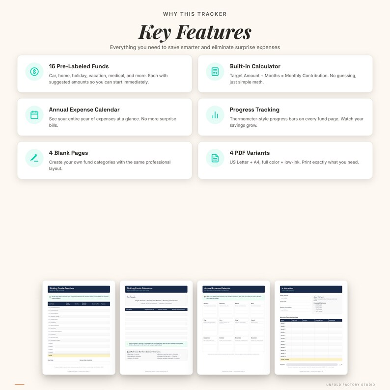 May include: A white graphic with the text "Key Features" and descriptions of a financial tracker. Features include pre-labeled funds, a built-in calculator, an annual expense calendar, progress tracking, blank pages, and PDF variants.