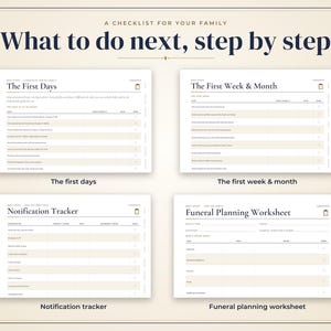 May include: A digital planning document titled A Checklist for Your Family: What to do next, step by step. It displays four distinct pages: The First Days, The First Week & Month, Notification Tracker, and Funeral Planning Worksheet, all in a clean, organized layout with beige and dark blue text.