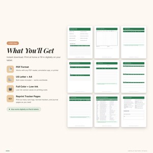 May include: A digital planner with green and white pages. The image includes the text "What You'll Get" and information about the PDF format, US Letter + A4 sizes, full colour and low-ink options, and reprint tracker pages.