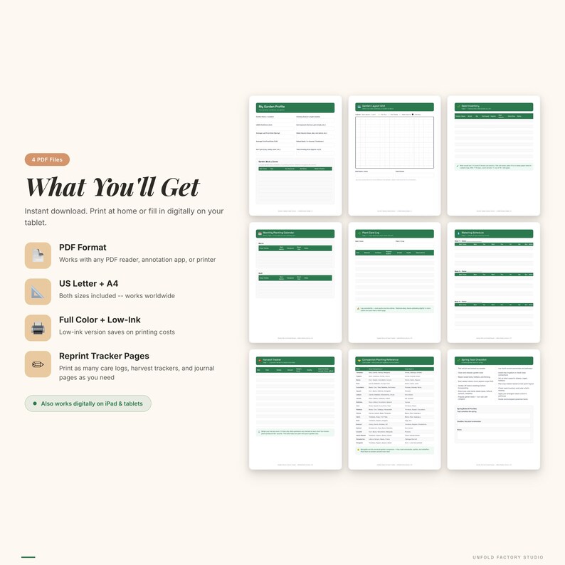 May include: A digital planner with green and white pages. The image includes the text "What You'll Get" and information about the PDF format, US Letter + A4 sizes, full colour and low-ink options, and reprint tracker pages.
