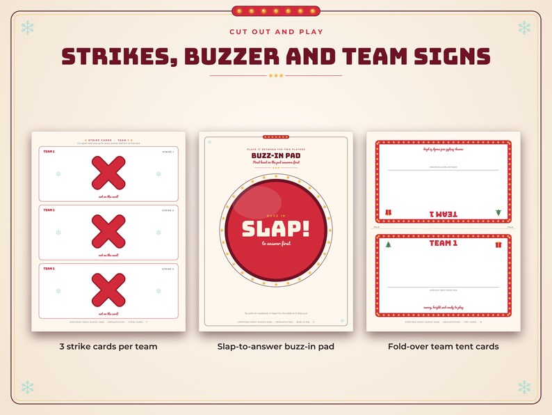 May include: A printable game set titled STRIKES, BUZZER AND TEAM SIGNS featuring three white strike cards with red X symbols, a central red circular buzz-in pad with the text SLAP! to answer first, and two fold-over team tent cards.