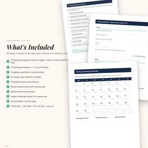 K&ouml;nnte beinhalten: Ein digitaler Planer mit dem Text &bdquo;Was ist enthalten&ldquo; und einer Liste von Funktionen, darunter 46 Seiten mit gef&uuml;hrten Herausforderungen, t&auml;glichem Tracking und Reflexionswerkzeugen. Der Planer enth&auml;lt einen 30-Tage-Challenge-Kalender und einen 7-Tage-Tages-Tracker.