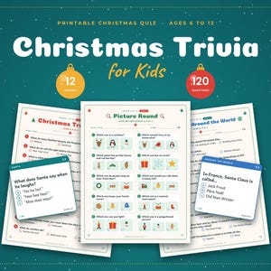 May include: A printable Christmas trivia quiz for kids featuring three white paper sheets with colorful text and illustrations. The central sheet is a picture round, while the side sheets contain multiple-choice questions about holiday traditions.