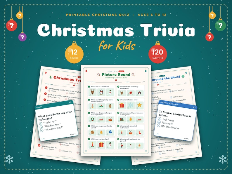 May include: A printable Christmas trivia quiz for kids featuring three white paper sheets with colorful text and illustrations. The central sheet is a picture round, while the side sheets contain multiple-choice questions about holiday traditions.