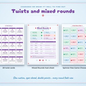 May include: A printable party game set titled Twists and Mixed Rounds, featuring twenty purple twist cards, a central Mixed Rounds host sheet with dice roll instructions, and a grid of colorful, rectangular spinner-free game chooser slips.