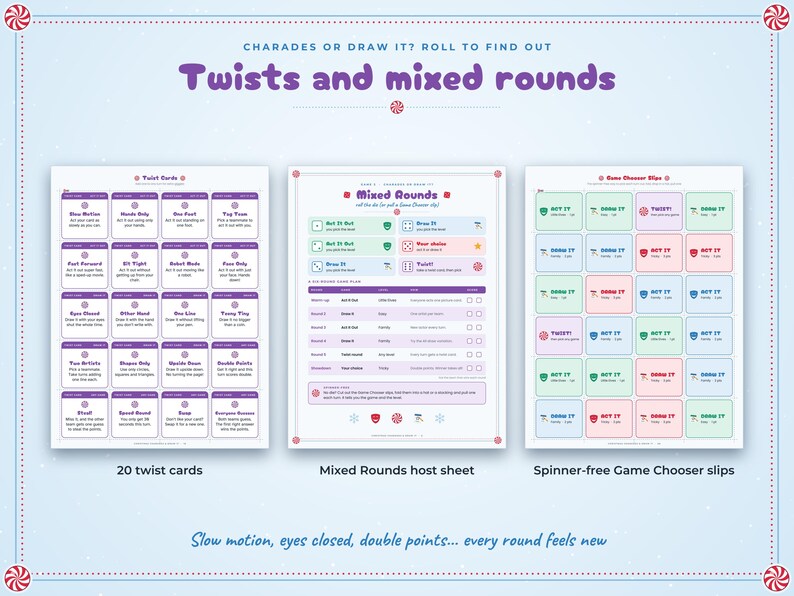 May include: A printable party game set titled Twists and Mixed Rounds, featuring twenty purple twist cards, a central Mixed Rounds host sheet with dice roll instructions, and a grid of colorful, rectangular spinner-free game chooser slips.