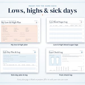 May include: A set of four health tracking templates titled Ready for the Hard Days: Lows, highs & sick days. Includes a My Low & High Plan, Low Blood Sugar Log, Sick Day Plan & Log, and Foot Check Log with sections for personal medical data.