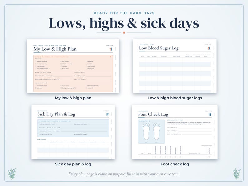 May include: A set of four health tracking templates titled Ready for the Hard Days: Lows, highs & sick days. Includes a My Low & High Plan, Low Blood Sugar Log, Sick Day Plan & Log, and Foot Check Log with sections for personal medical data.