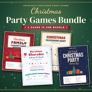 May include: A printable Christmas party games bundle featuring four distinct game sheets: Christmas Family Survey Game, Christmas Scavenger Hunt, Christmas Charades & Draw It Cards, and Office Christmas Party Game Kit, all displayed on a dark green background.