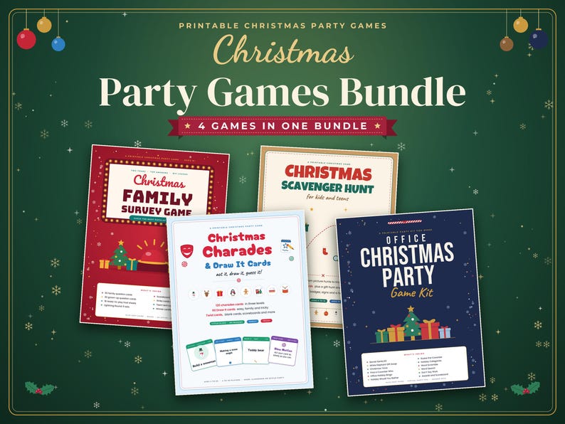 May include: A printable Christmas party games bundle featuring four distinct game sheets: Christmas Family Survey Game, Christmas Scavenger Hunt, Christmas Charades & Draw It Cards, and Office Christmas Party Game Kit, all displayed on a dark green background.