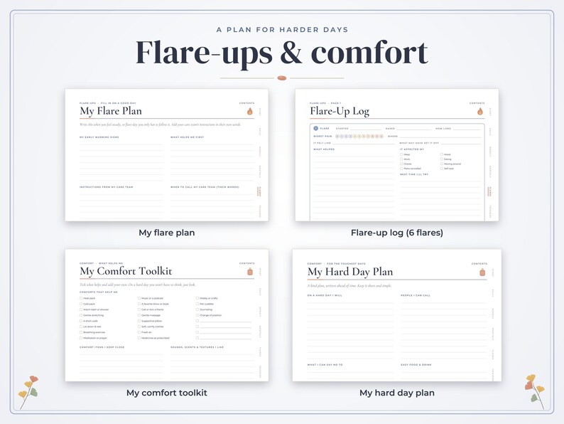 May include: A digital planner set titled A Plan for Harder Days: Flare-ups & comfort. It includes four distinct templates: My Flare Plan, Flare-Up Log with six flare trackers, My Comfort Toolkit with checklists, and My Hard Day Plan.