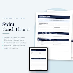 K&ouml;nnte beinhalten: Ein druckbarer Schwimmtrainer-Planer mit einem Taper-Planungsblatt mit dunkelblauen Kopfzeilen, wei&szlig;en Feldern f&uuml;r Wettkampfdetails und w&ouml;chentlichen Taper-Vorlagen. Das Set enth&auml;lt 65 undatierte Seiten, 24 w&ouml;chentliche Trainingspl&auml;ne und Tracker.