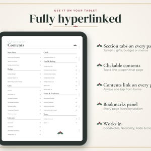 Może przedstawiać: Cyfrowy planer wyświetlany na ekranie tabletu, pokazujący stronę z zawartością z sekcjami dotyczącymi budżetu, prezent&oacute;w, kalendarza, kart, jedzenia i domu. Tekst zawiera "Fully hyperlinked" oraz "Works in GoodNotes, Notability, Xodo & more."