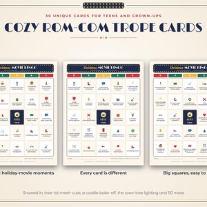 May include: Three Christmas Movie Bingo cards with a cream background, dark blue headers, and red, yellow, and green columns. Each card features a grid of holiday-themed icons and text, including a central dark blue free space square.