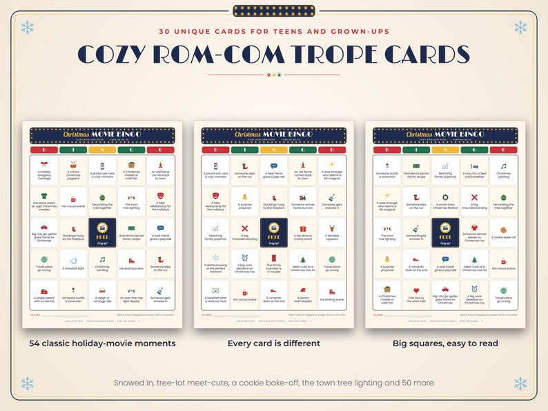 May include: Three Christmas Movie Bingo cards with a cream background, dark blue headers, and red, yellow, and green columns. Each card features a grid of holiday-themed icons and text, including a central dark blue free space square.