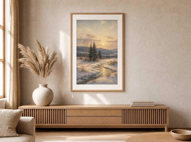 May include: A framed vertical wall art print depicting a winter landscape with a snow-covered field, a winding stream, evergreen trees, and a soft sunset sky. The artwork is displayed in a light wood frame hanging on a neutral-toned wall.