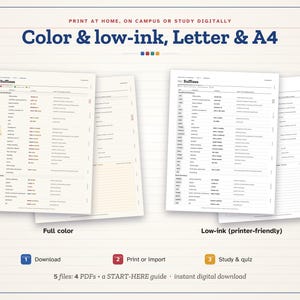 May include: A digital study guide featuring two sets of suffix charts in full color and low-ink versions. The text reads: Print at home, on campus or study digitally, Color & low-ink, Letter & A4, Suffixes, Download, Print or import, Study & quiz.